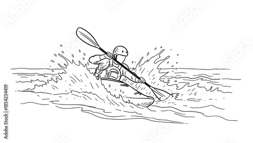 Dynamic line art of kayaker navigating rapids adventure