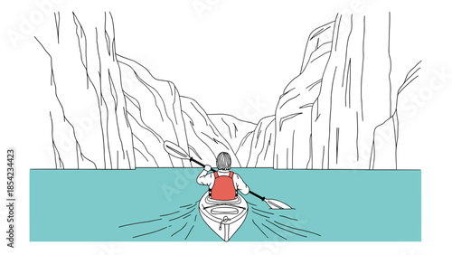 Line art adventure: kayaker navigating serene canyon waters