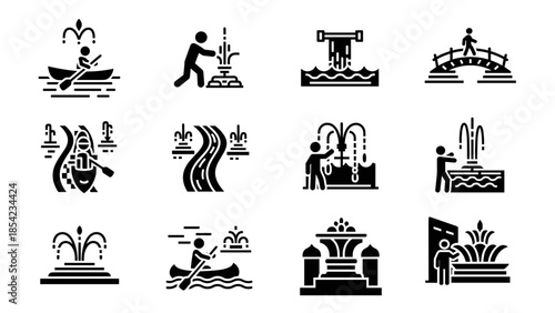 Minimalist icons of water activities and scenic landscapes