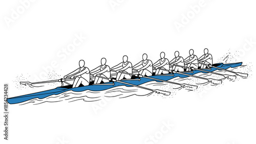 Team of rowers in action: dynamic linear art of competitive rowing