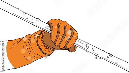 Close-up hand gripping rafting paddle with raindrops on orange glove