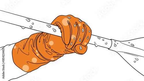 Colorful gloved hand grips paddle in linear style with water droplets