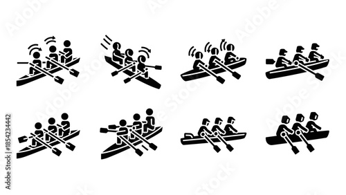 Silhouette rowing icons: team sports, paddles, canoeing, black and white symbol set