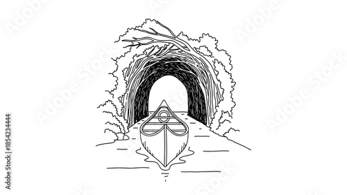 Canoe in river tunnel with tree arch, nature illustration