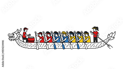 Dragon boat team racing with drummer and rowers in traditional event