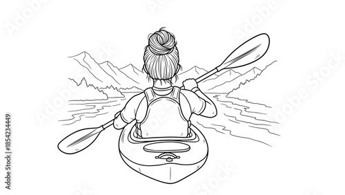 Woman kayaking in mountain lake - black and white outline