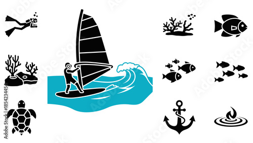 Surfing adventure with marine life icons in black and blue theme