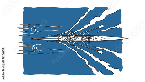 Overhead view of rowers in boat on blue water