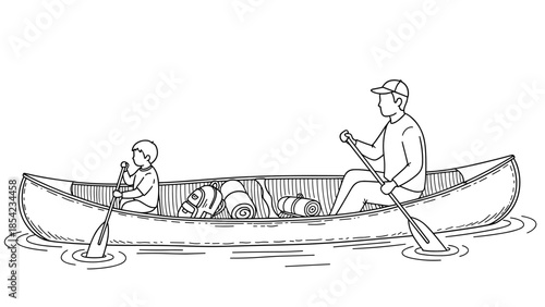 Family canoeing adventure in a linear style