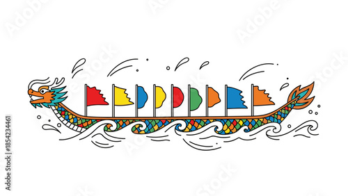 Colorful dragon boat with flags on waves in linear style