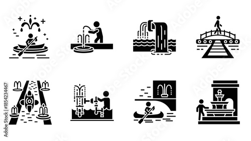 Minimalist fountain and water park activity icons