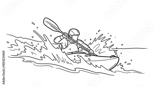 Dynamic line art of kayaker navigating whitewater rapids