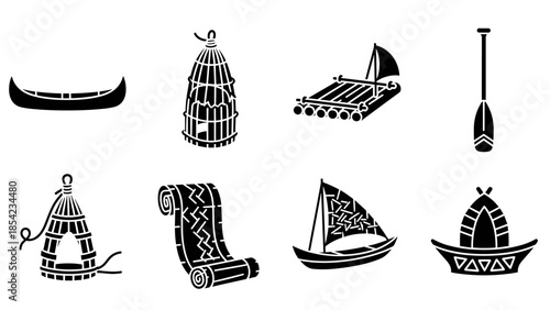 Set of nautical icons with boats and paddles in tribal silhouette style