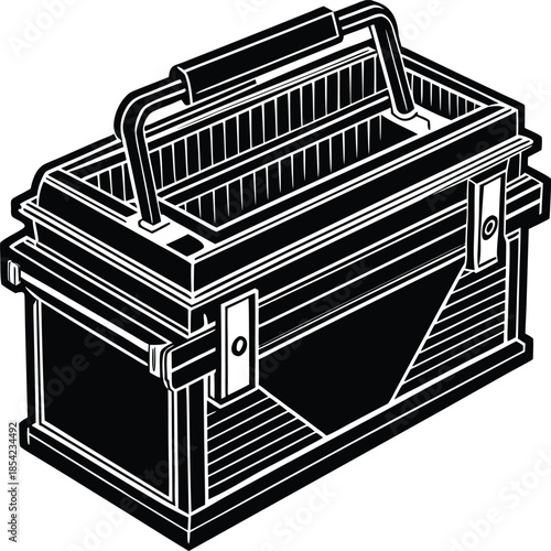 Black and white of a vintage metal toolbox with open compartments