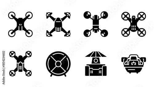 Silhouette set of modern drone and robot icons for technology and innovation design