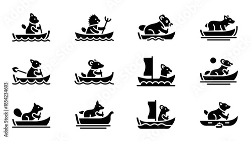 Playful animal boating adventures: minimalist black silhouettes