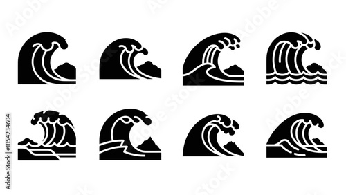 Silhouette ocean waves set: iconic crest designs in bold black style
