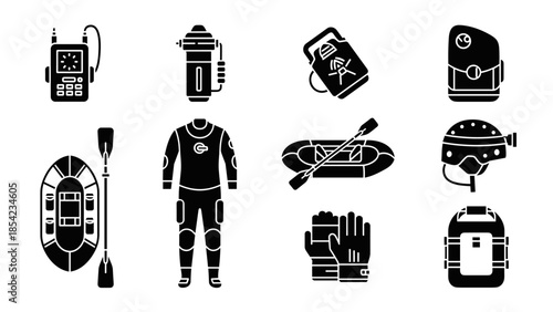 Adventure gear icons: river rafting essentials in bold silhouette style