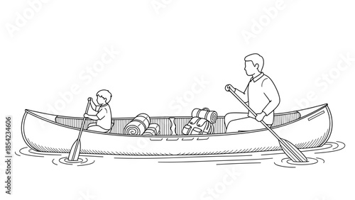 Father and child adventure in canoe with camping gear in outline style