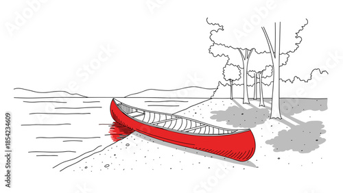 Red canoe on lakeshore in minimalist line art with trees and mountains