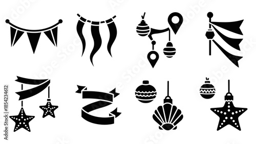 Festive icon set: silhouette banners, flags, ornaments, and stars for holiday designs