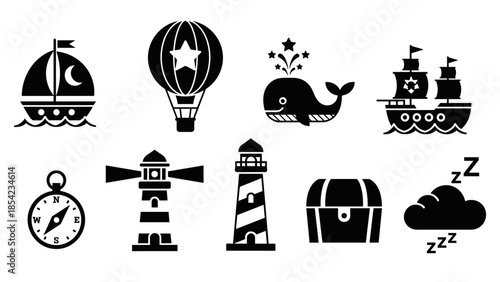 Silhouette nautical icons set: ships, lighthouse, whale, hot air balloon, compass, treasure chest