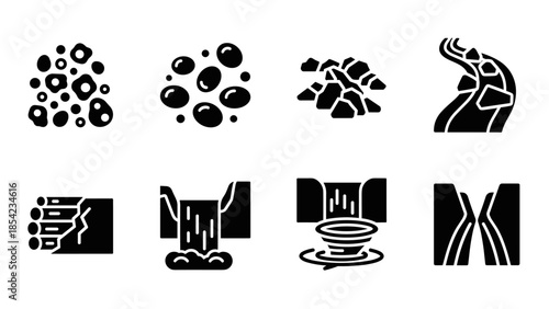 Set of geological process and structure icons in bold silhouette style