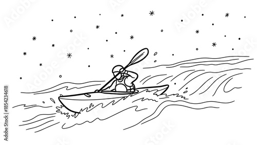 Kayaking adventure under starry night sky in black and white linear design