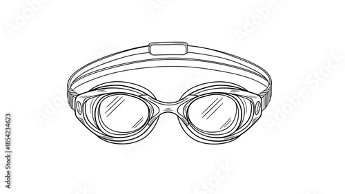 Linear drawing of swimming goggles with transparent lenses and adjustable straps