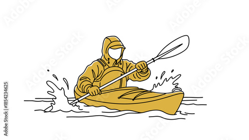 Minimalist line drawing of a person kayaking on white background