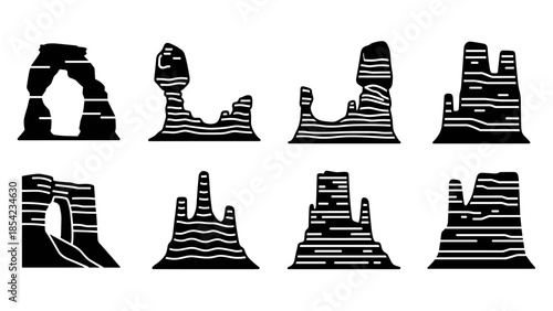 Scenic rock formations silhouette: striped landmark collection in black