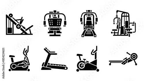 Modern gym equipment icons: fitness machine set in bold silhouette style