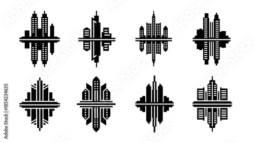 Geometric city skyline patterns in black and white abstract design