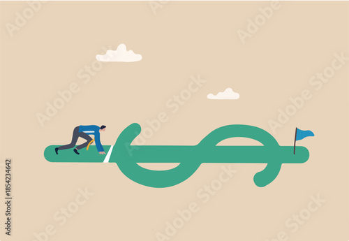 Start invest, financial planning or savings for retirement, begin or launch mutual fund, financial goal concept, businessman start running on dollar money sign to reach investment goal or target