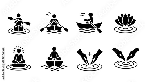 Silhouette icons of meditation, kayaking, and nature balance in water themed design
