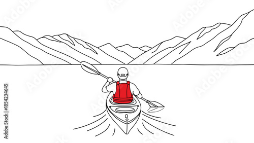 Line art of kayaker in red vest paddling on mountain lake