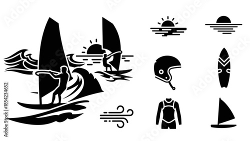 Surfing adventure art: silhouette style with waves, sunsets, and gear elements