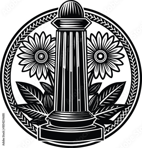 Black and white of a classical column with floral and leaf decorations