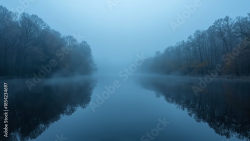 A serene and peaceful landscape of a misty lake surrounded by trees on a foggy day