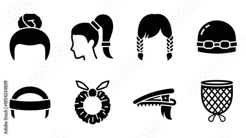 Hair accessories and styles silhouette set: buns, braids, and more