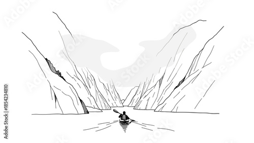 Monochrome mountain view with kayaker in tranquil valley stream