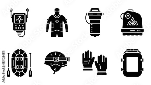 Silhouette icons of explorer gear: walkie talkie, raft, oxygen tank, helmet, gloves