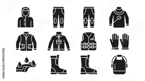Outdoor adventure gear icons: clothing and accessories for hiking
