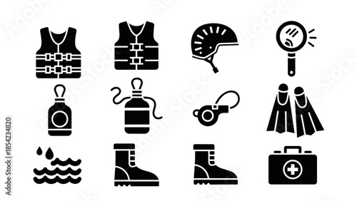 Essential outdoor and safety icons in bold silhouette style
