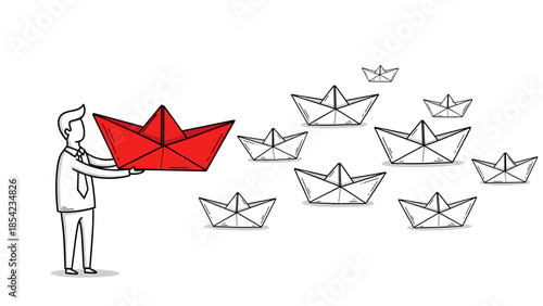 Business leadership concept with large red paper boat in hand of businessman