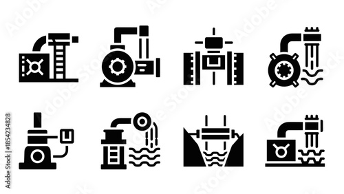 Industrial machinery icons set with pumps and valves in black silhouette style