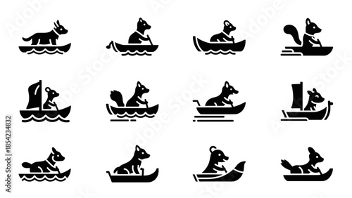 Silhouette animals sailing in boats: canoe and sailing adventure art