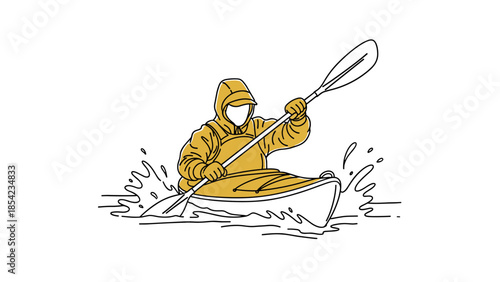 Dynamic kayaking adventure in bold outline style on white background