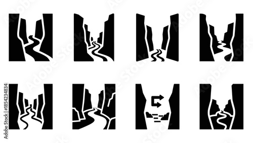 Collection of canyon silhouettes with various pathways and arrows