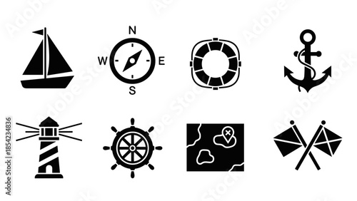 Nautical symbols set: anchor, compass, lighthouse, sailboat, map, life preserver, wheel, flags